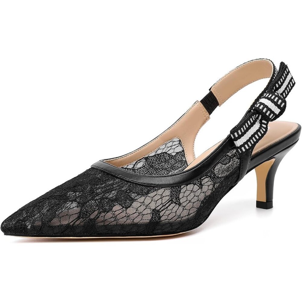 Women's Black Lace High Kitten Heel Shoes Closed Pointed Toe Dress Pumps